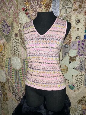 Joseph A Pink Multicolor Geometric V-Neck Knit Tank